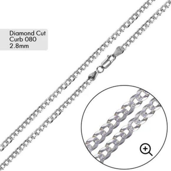 Silver 925 Super Flat High Polished One Side Diamond Cut Curb Chan 2.8mm
